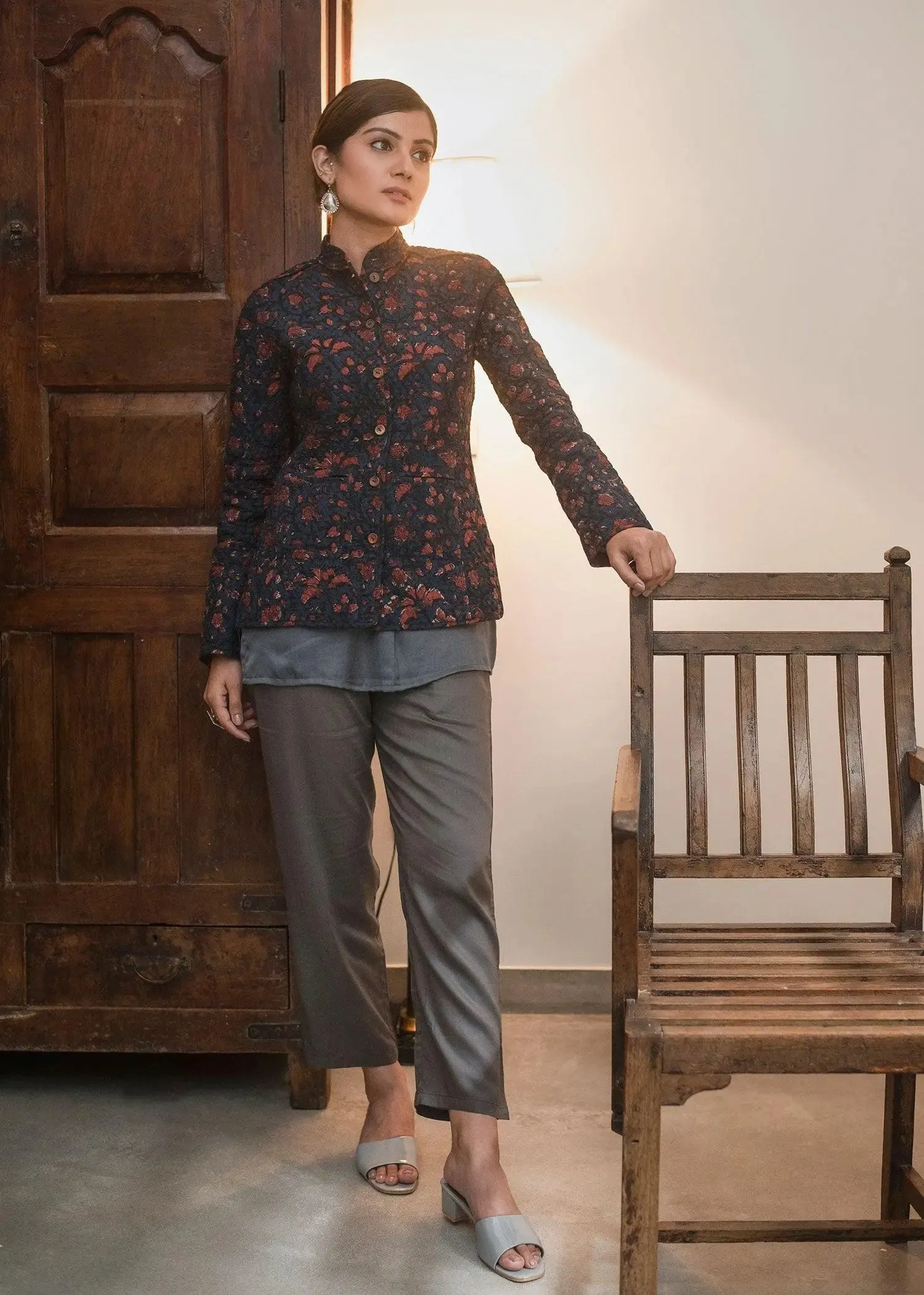 Imperial Garden Medievel Blue Full Sleeves Reversible Barfi Quilted Jacket