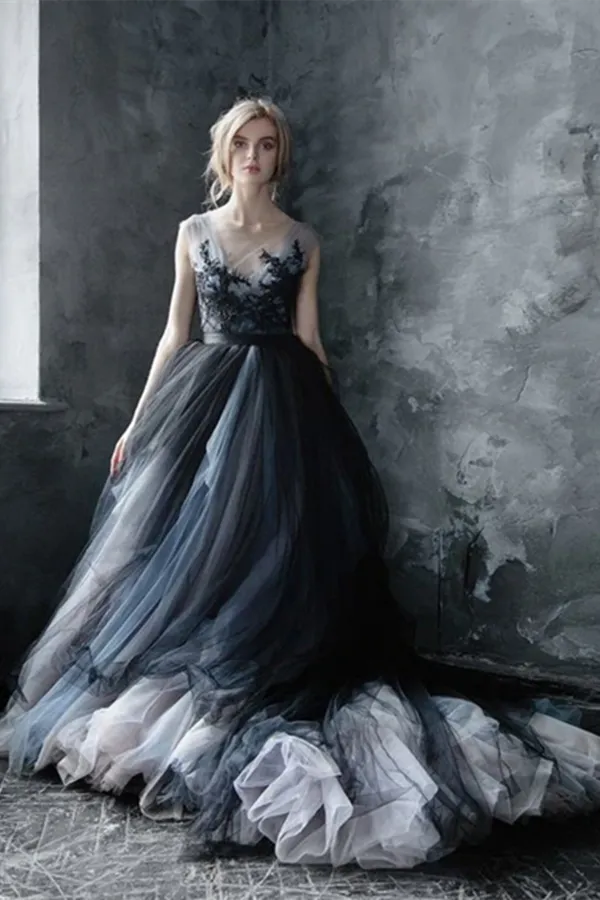 Kateprom Chic A line Scoop Black Applique Tulle Evening Dress Wedding Dress KPW0699