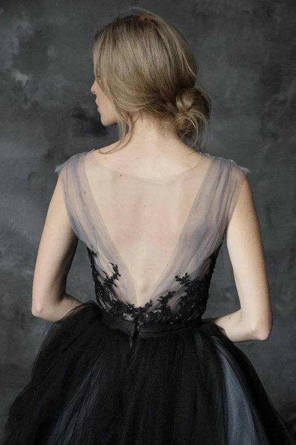 Kateprom Chic A line Scoop Black Applique Tulle Evening Dress Wedding Dress KPW0699