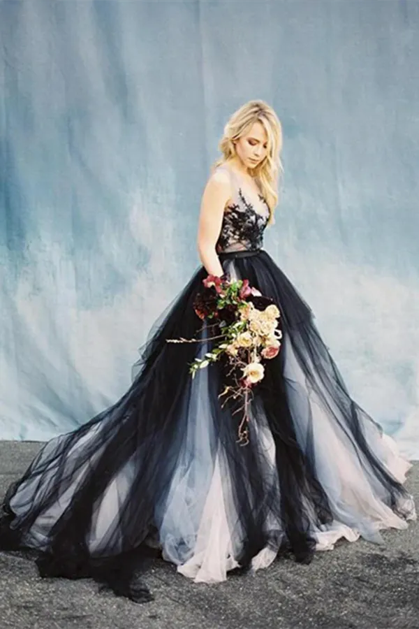 Kateprom Chic A line Scoop Black Applique Tulle Evening Dress Wedding Dress KPW0699