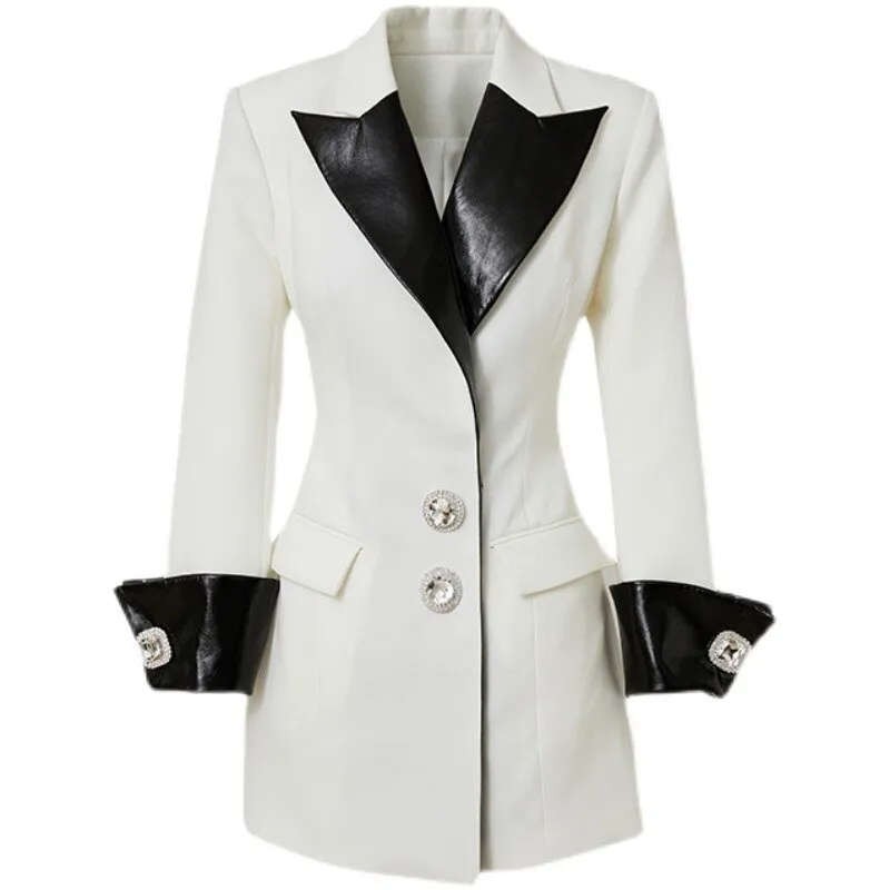 Leather Collar Diamonds Buttons Blazer Dress