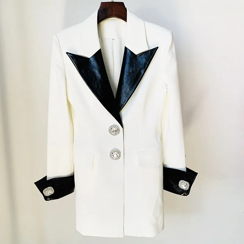 Leather Collar Diamonds Buttons Blazer Dress