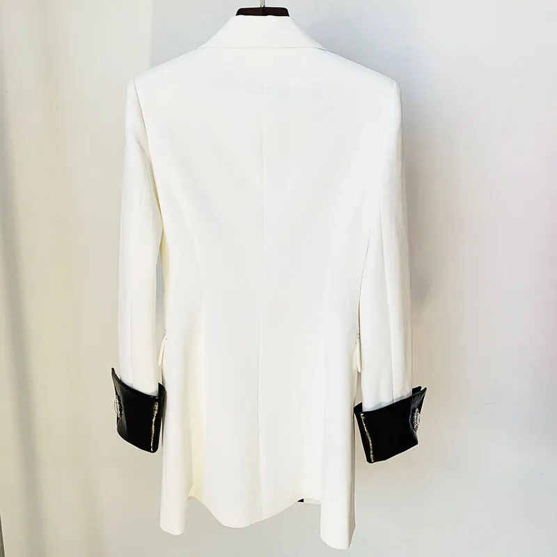 Leather Collar Diamonds Buttons Blazer Dress