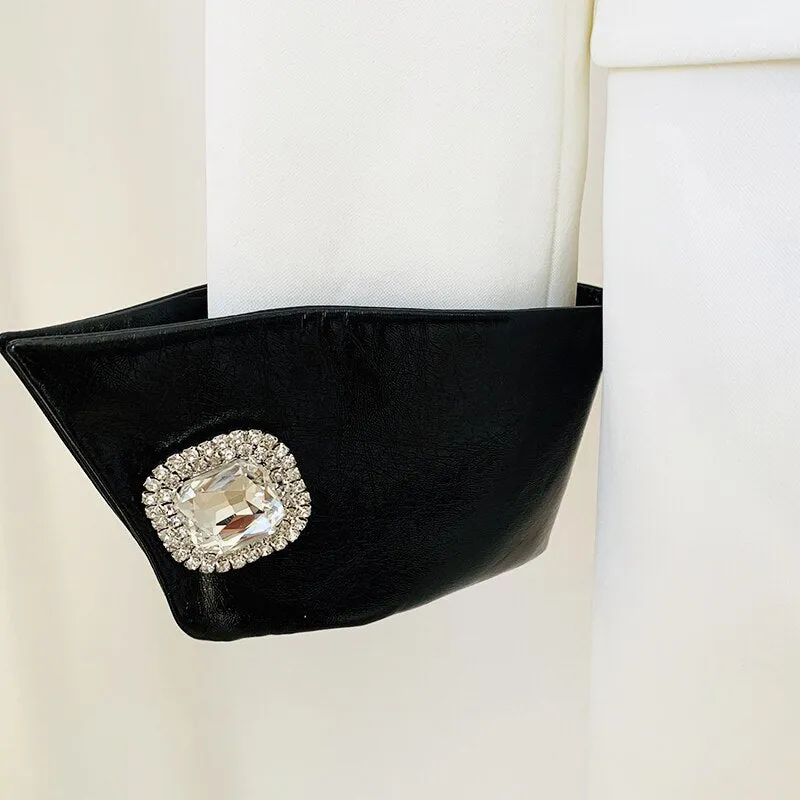 Leather Collar Diamonds Buttons Blazer Dress