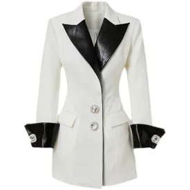 Leather Collar Diamonds Buttons Blazer Dress