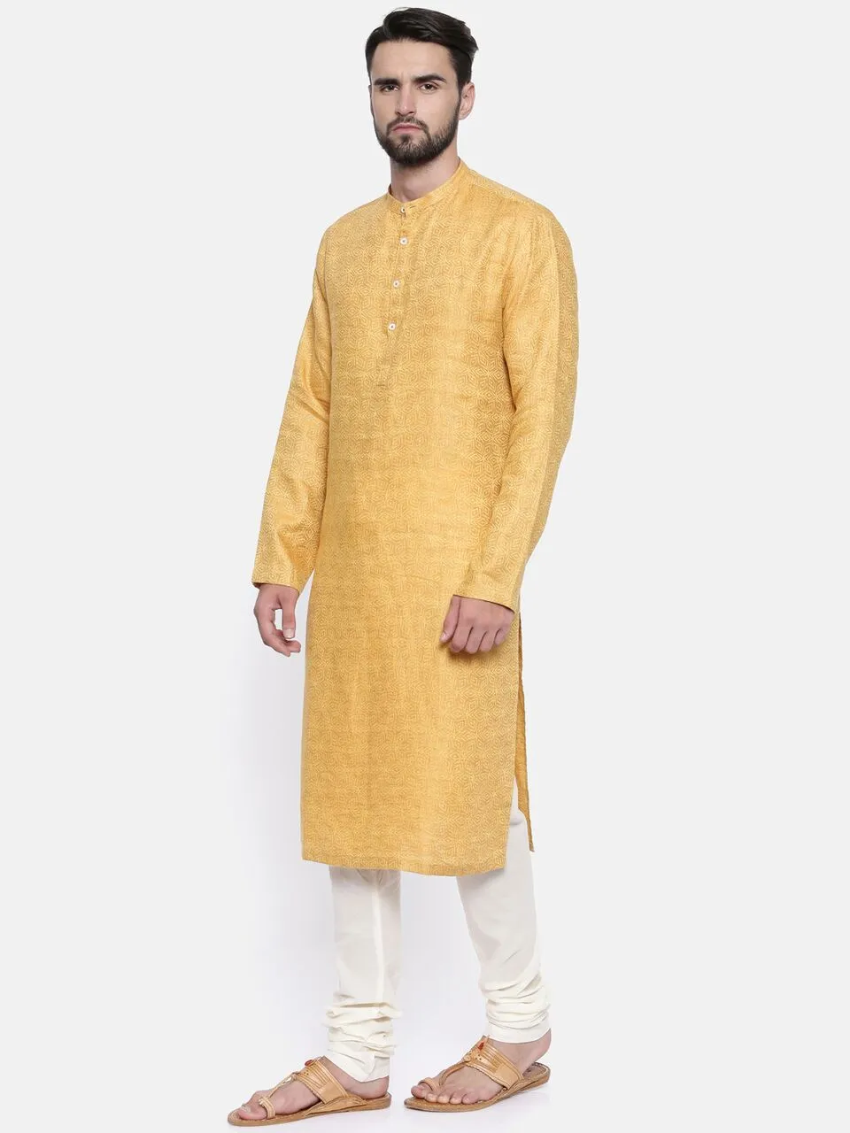 Linen Jaquard Yellow Kurta Set - MMK0158
