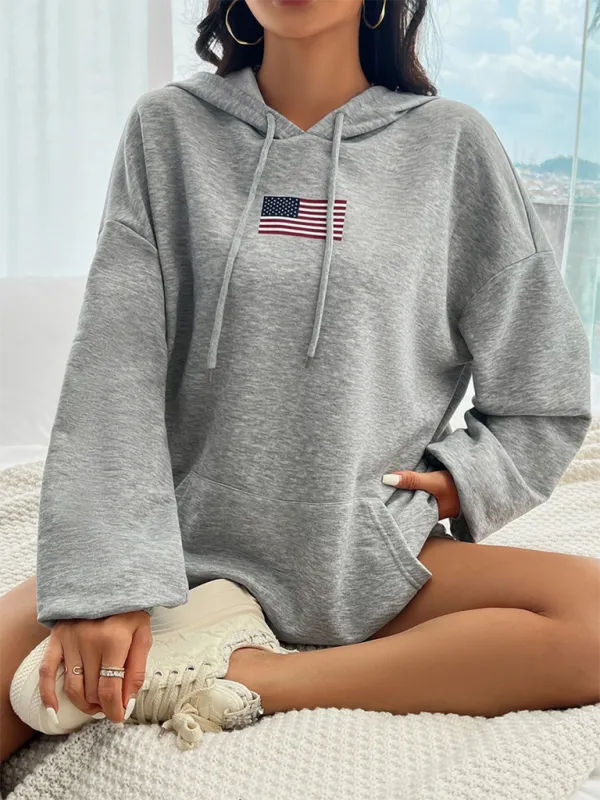 Macie Independence Day Flag Casual Loose Pocket Hooded Sweatshirt
