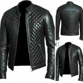 MEN'S BLACK REAL LEATHER RACER NECK QUILTED BIKER JACKET FOR MEN