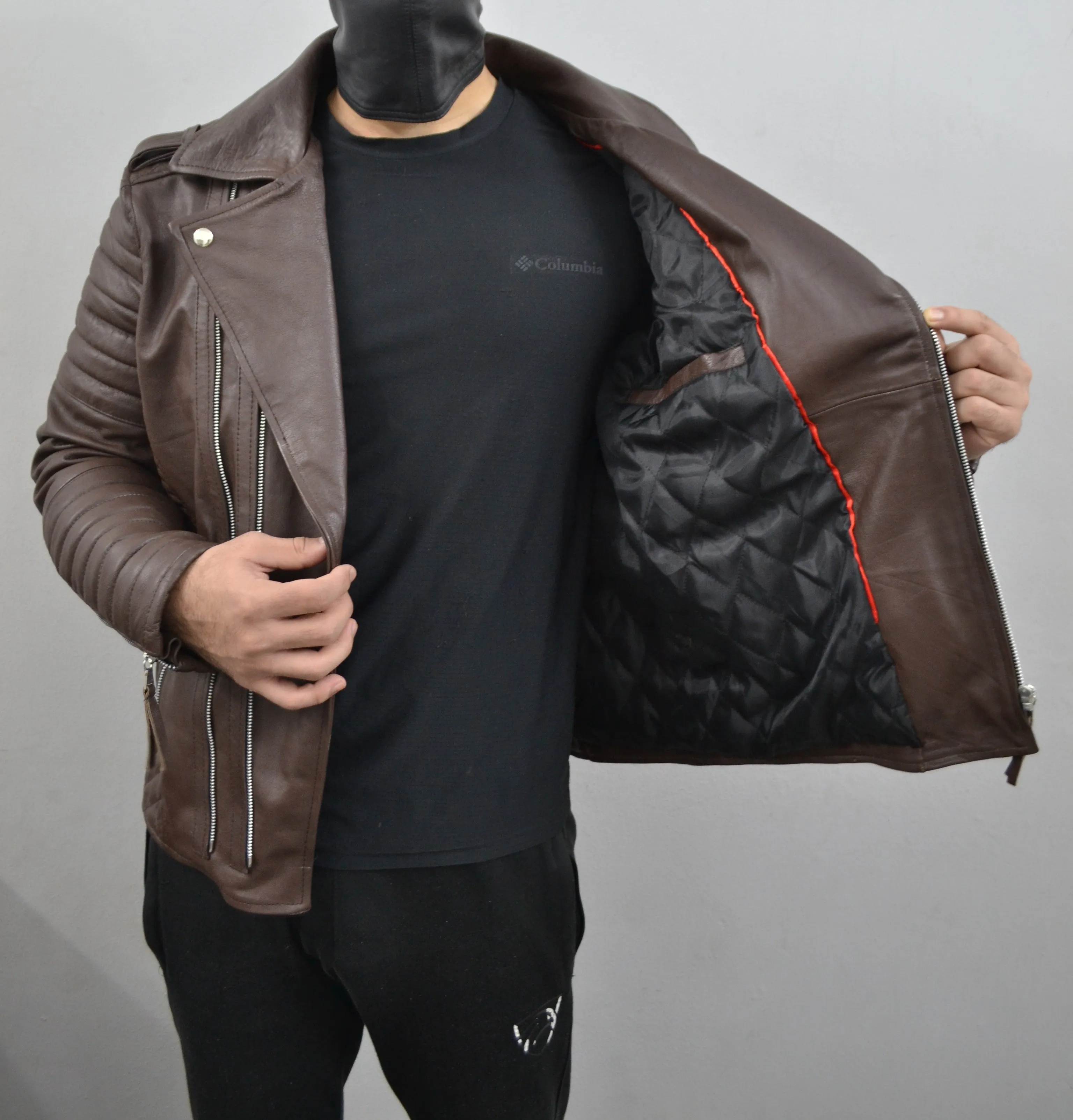 Men's Brando Dark Brown Motorcycle Quilted Genuine Leather Biker Jacket