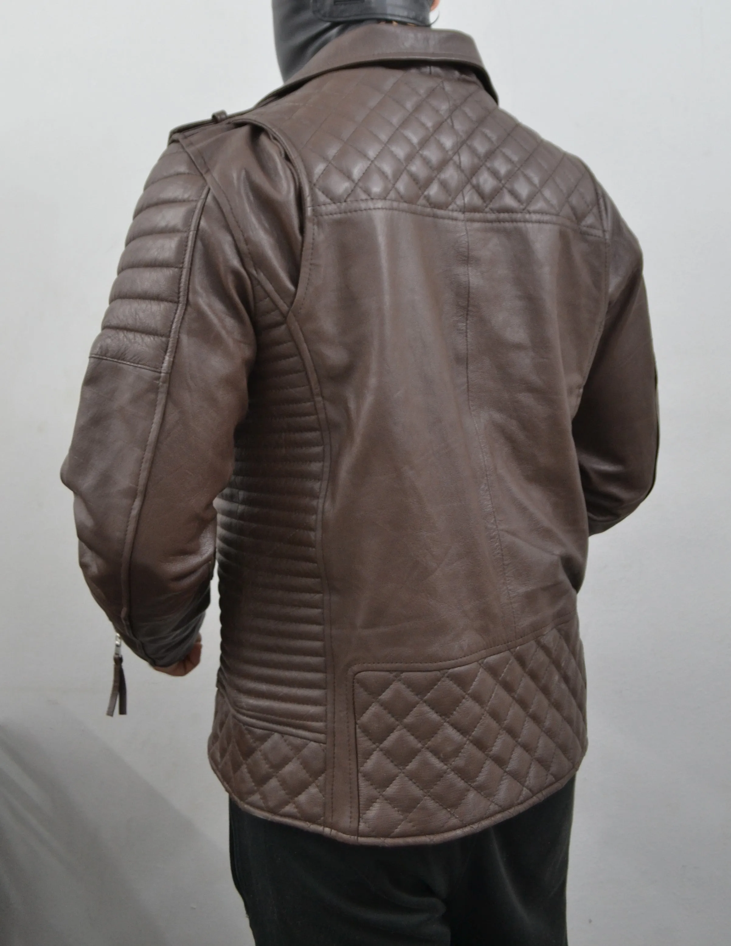 Men's Brando Dark Brown Motorcycle Quilted Genuine Leather Biker Jacket