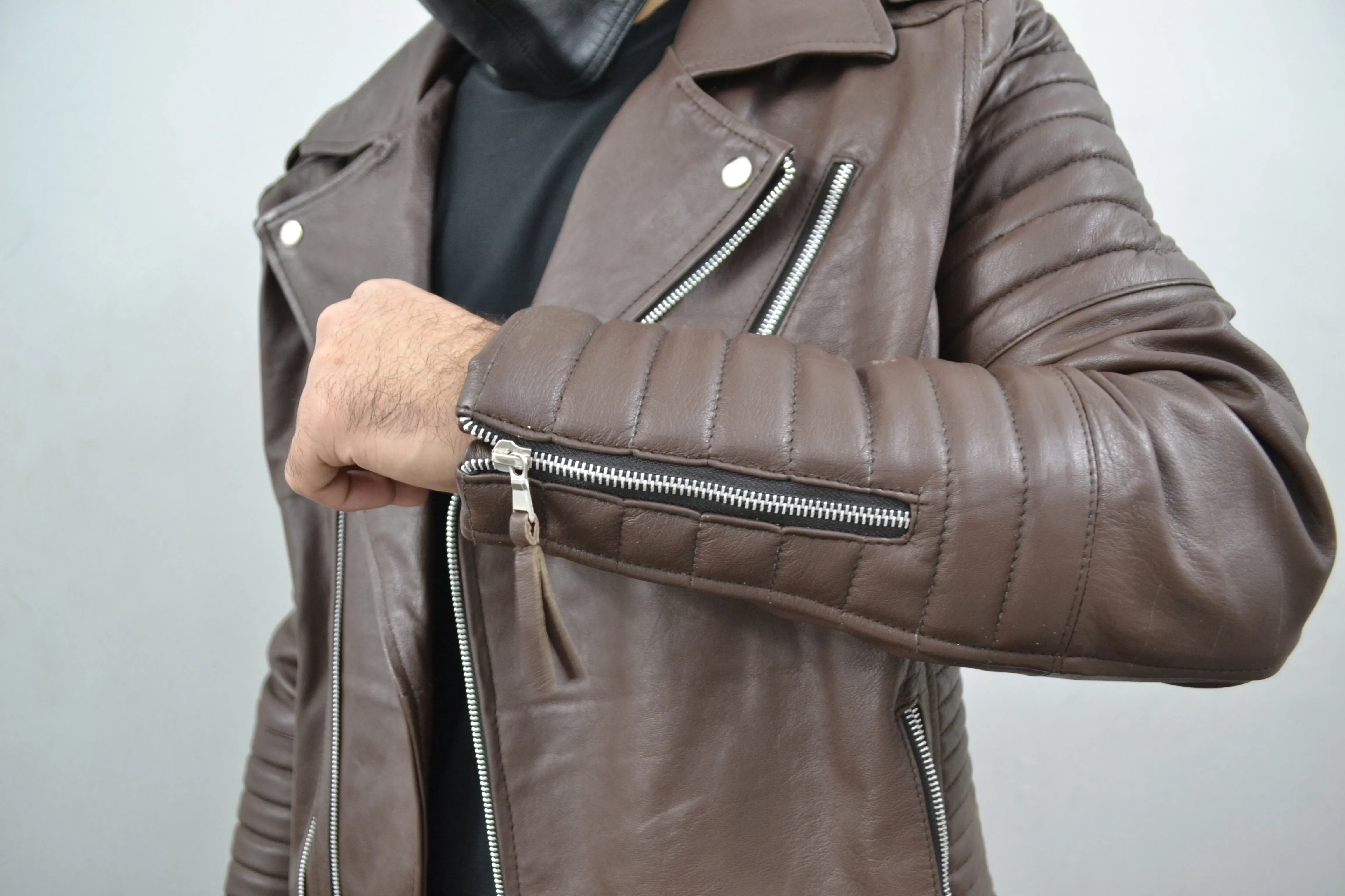 Men's Brando Dark Brown Motorcycle Quilted Genuine Leather Biker Jacket