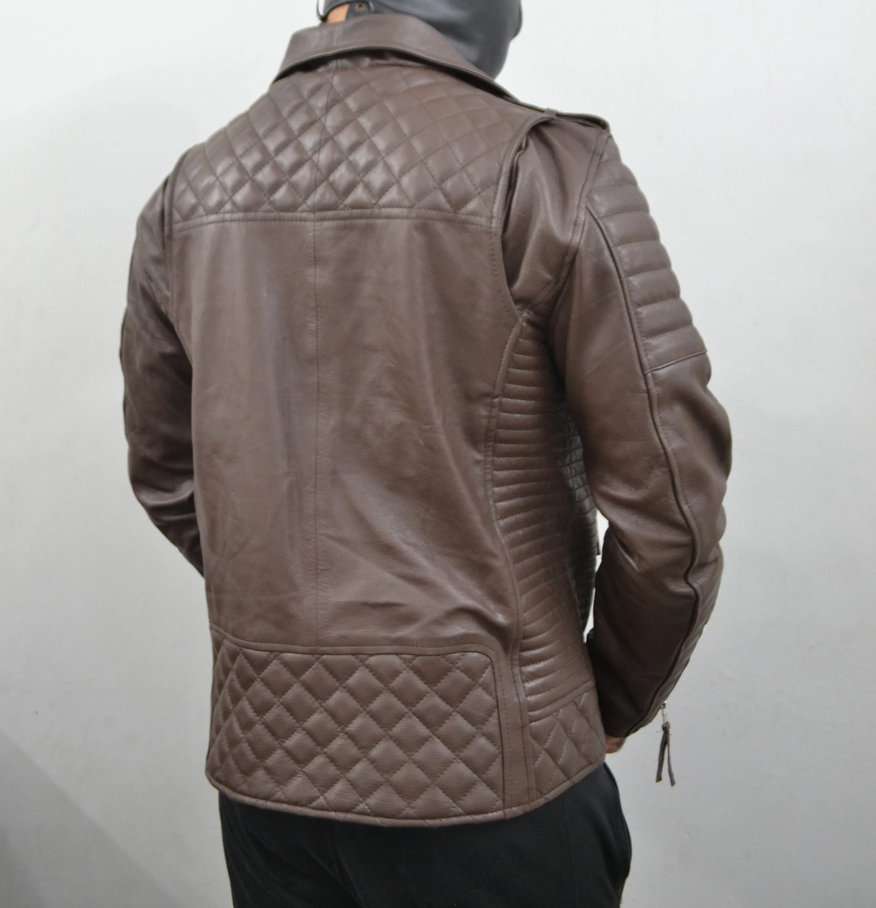 Men's Brando Dark Brown Motorcycle Quilted Genuine Leather Biker Jacket