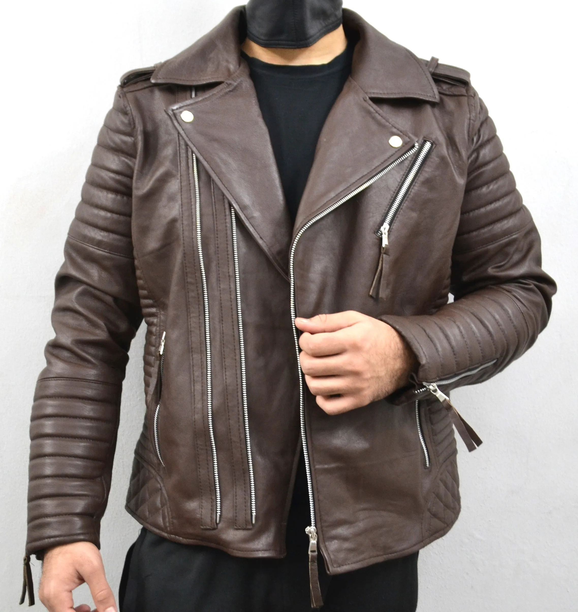 Men's Brando Dark Brown Motorcycle Quilted Genuine Leather Biker Jacket