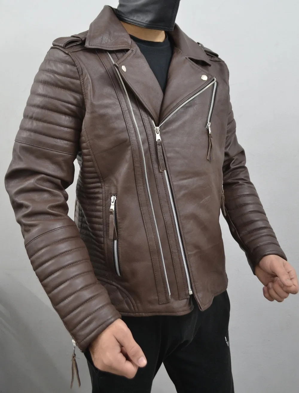 Men's Brando Dark Brown Motorcycle Quilted Genuine Leather Biker Jacket