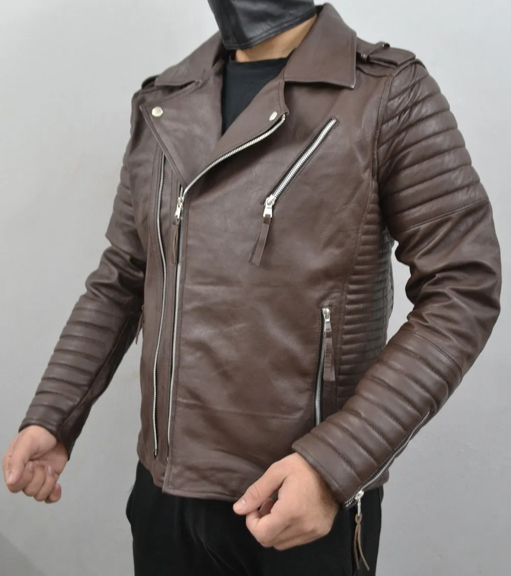 Men's Brando Dark Brown Motorcycle Quilted Genuine Leather Biker Jacket