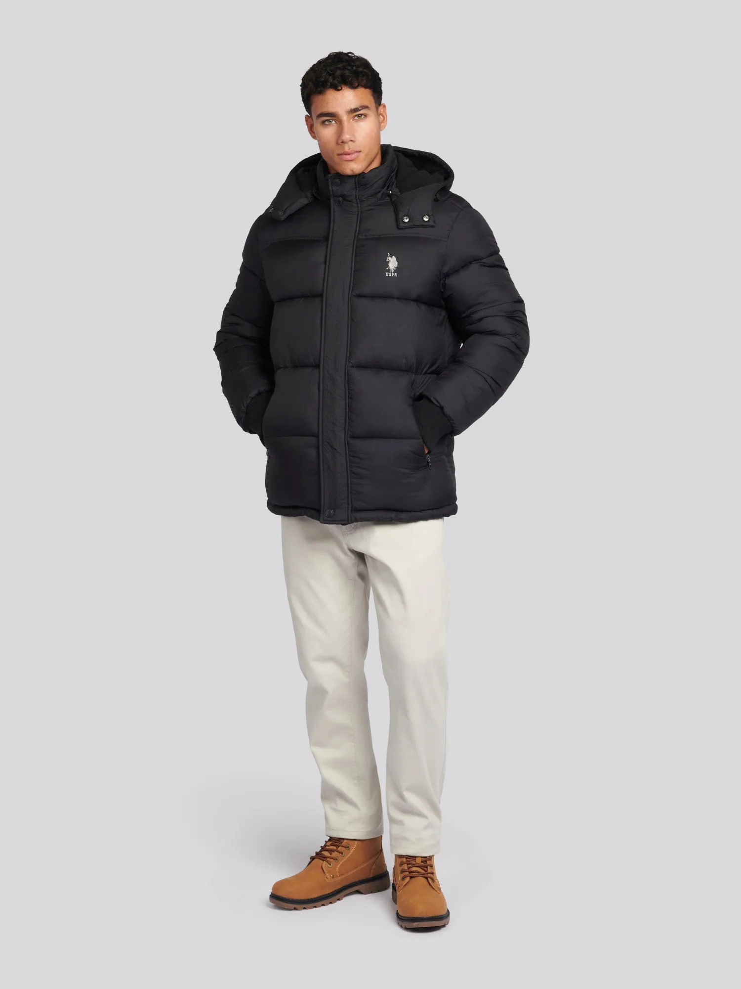 Mens Hooded Quilted Puffer Coat in Black