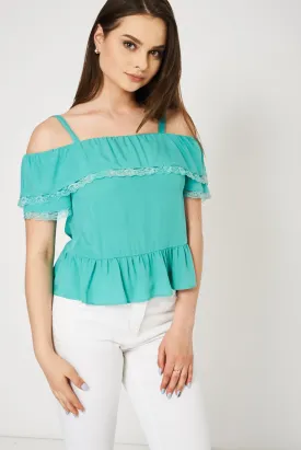 Mint Green Cold Shoulder Top With Lace Detail Ex-Branded