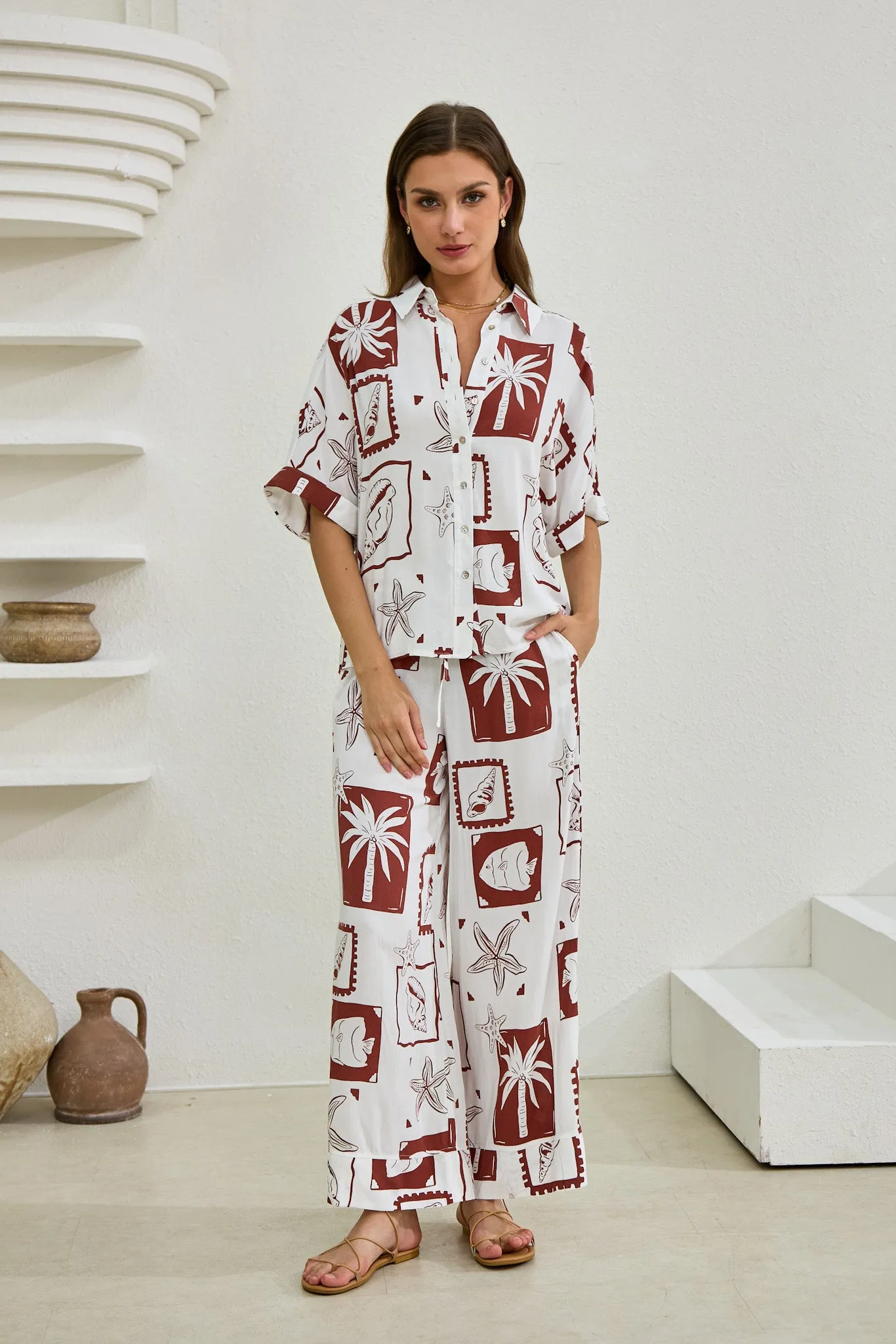 Mira Brown Sea Shells Tropical Shirt