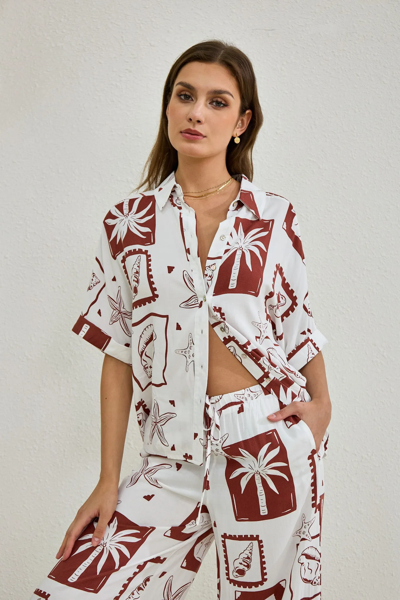 Mira Brown Sea Shells Tropical Shirt