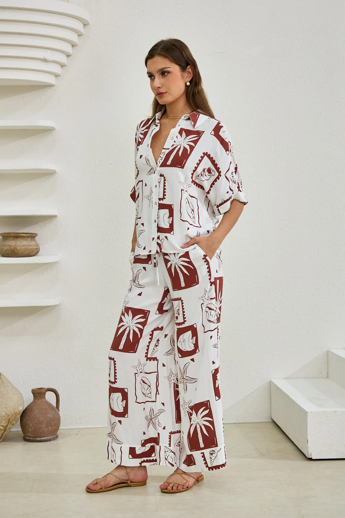 Mira Brown Sea Shells Tropical Shirt
