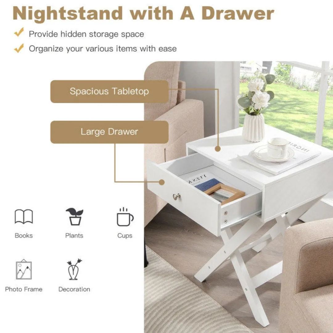 Modern X-Shaped Nightstand with Drawer for Living Room Bedroom