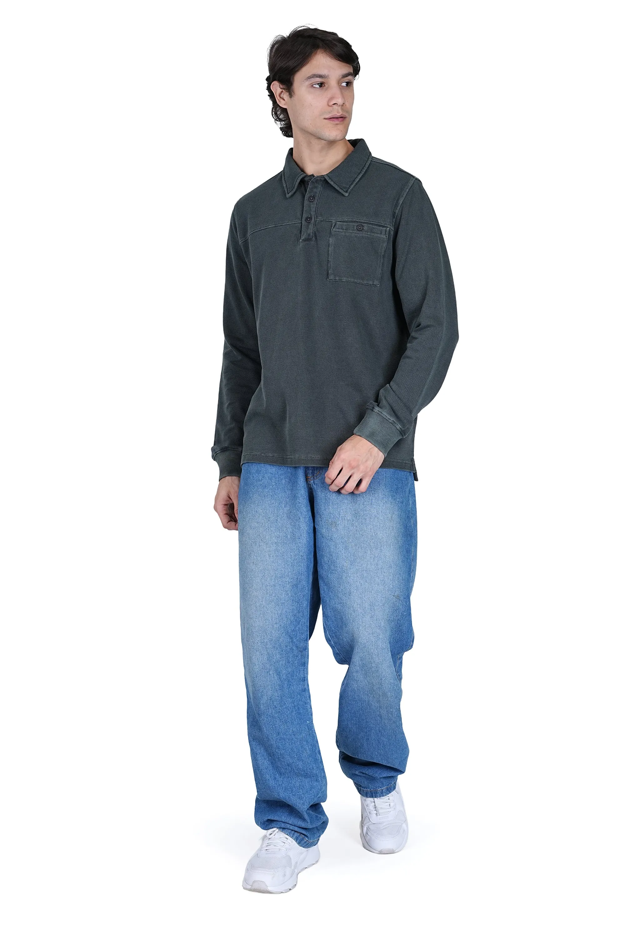 Olive Green Solid Polo Neck Cotton Blend Sweater - Relaxed Fit