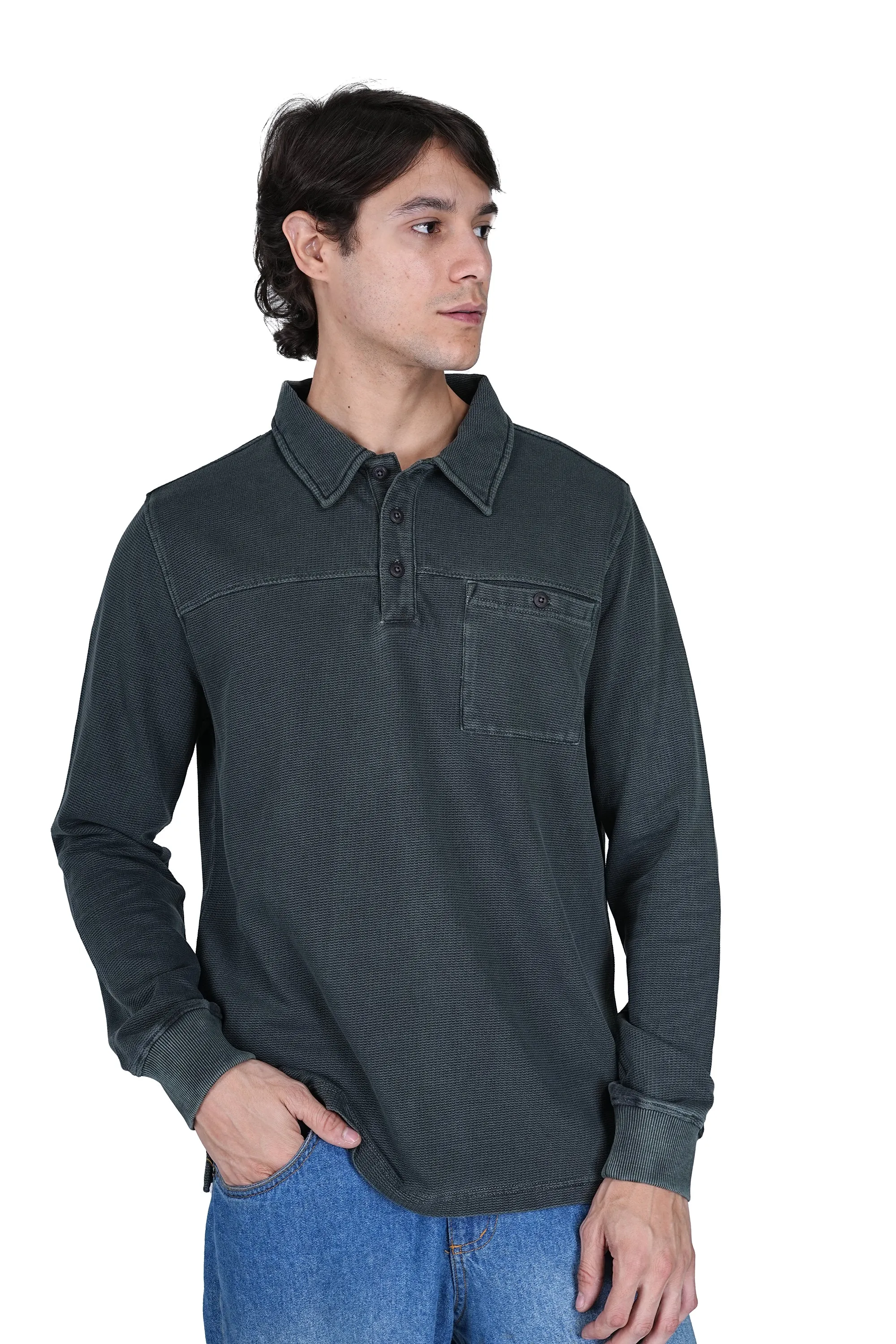 Olive Green Solid Polo Neck Cotton Blend Sweater - Relaxed Fit