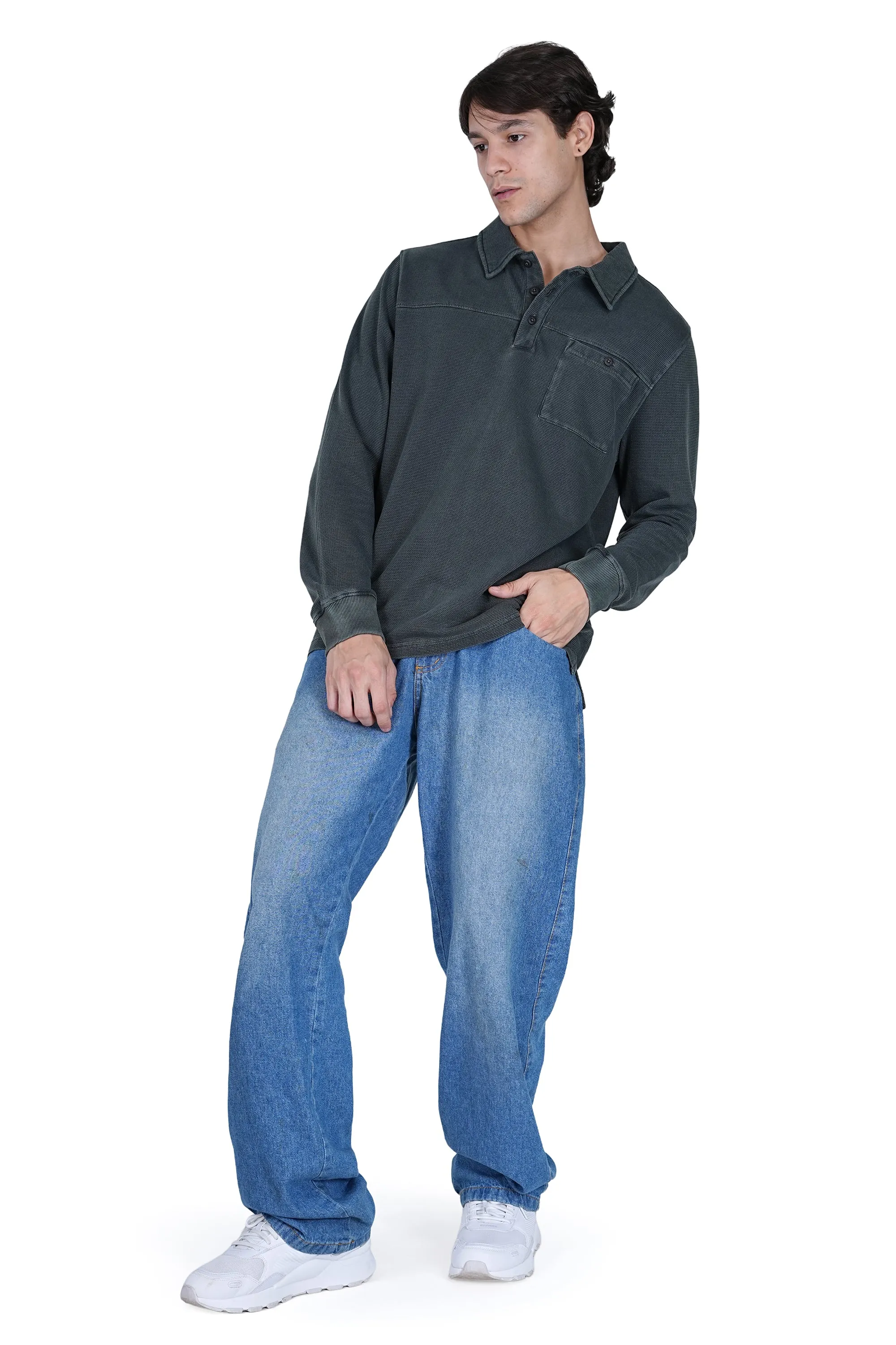 Olive Green Solid Polo Neck Cotton Blend Sweater - Relaxed Fit