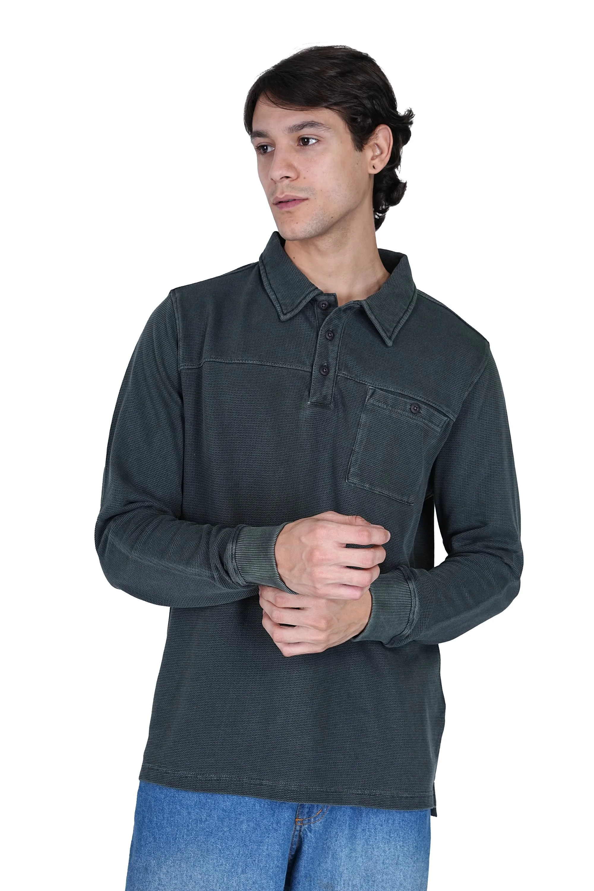 Olive Green Solid Polo Neck Cotton Blend Sweater - Relaxed Fit