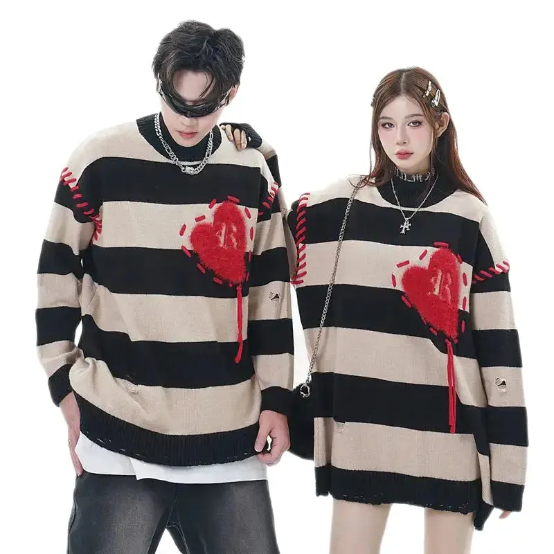 Oversized Ripped Knitted Heart Striped Holes Sweatshirt