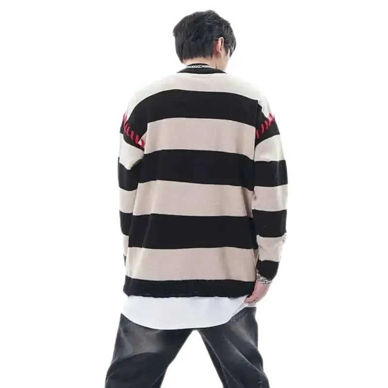Oversized Ripped Knitted Heart Striped Holes Sweatshirt