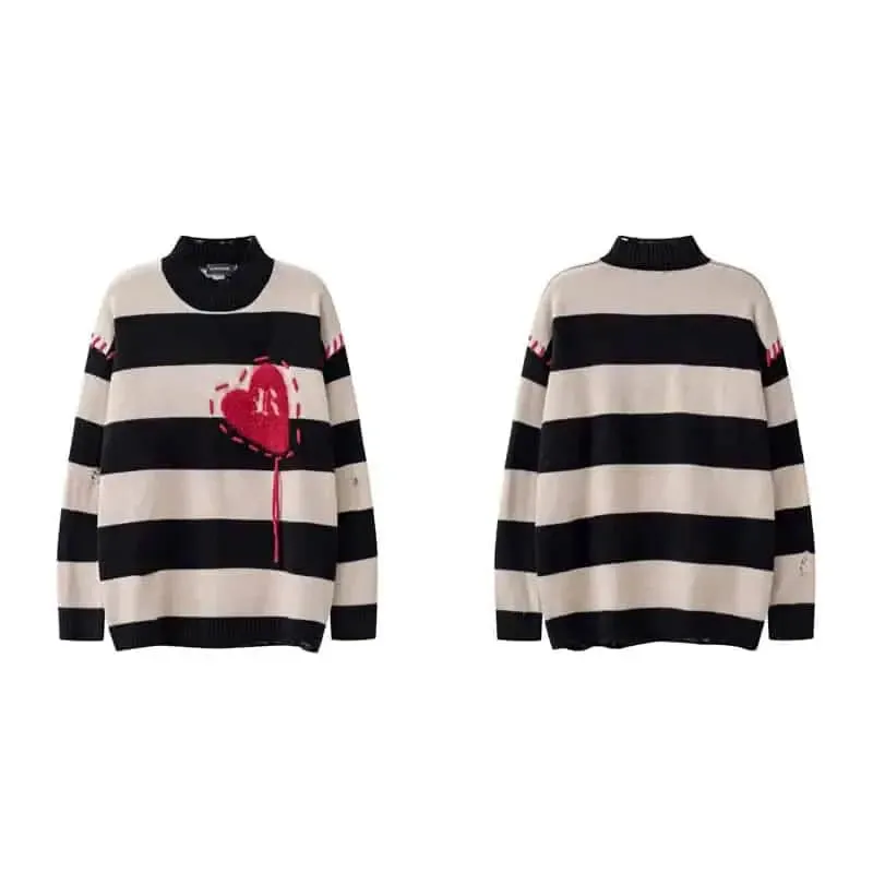 Oversized Ripped Knitted Heart Striped Holes Sweatshirt
