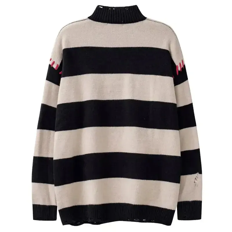 Oversized Ripped Knitted Heart Striped Holes Sweatshirt