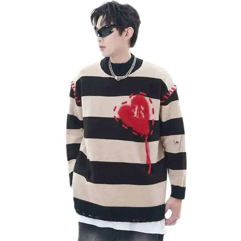 Oversized Ripped Knitted Heart Striped Holes Sweatshirt