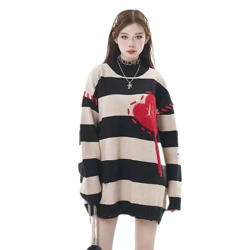 Oversized Ripped Knitted Heart Striped Holes Sweatshirt