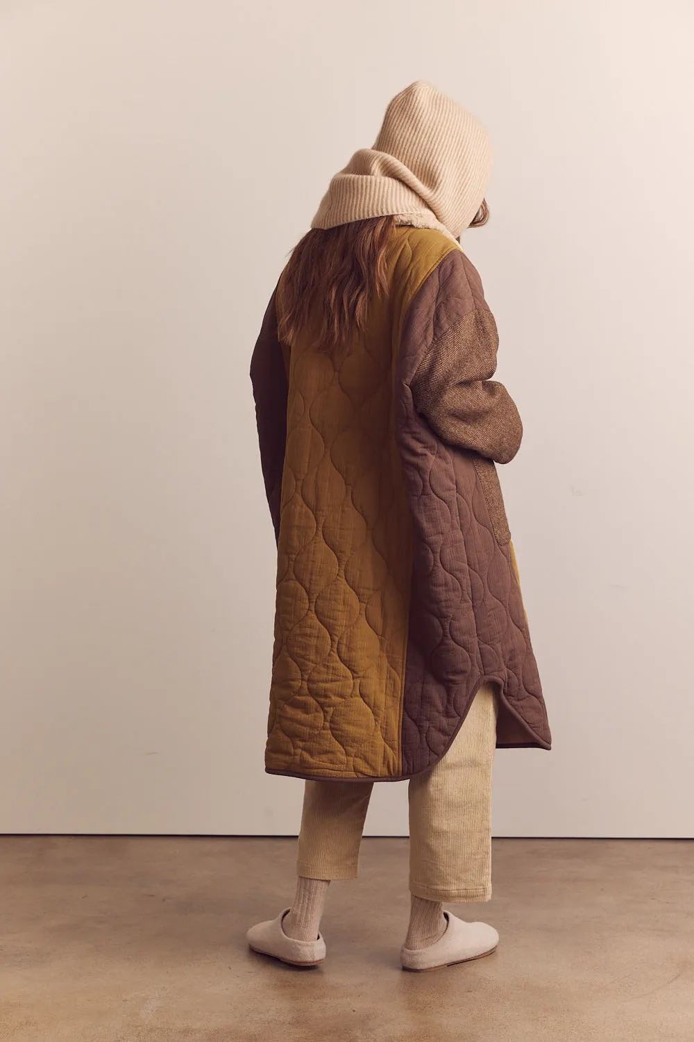 Patch quilted wool blend detachable fur collar coat