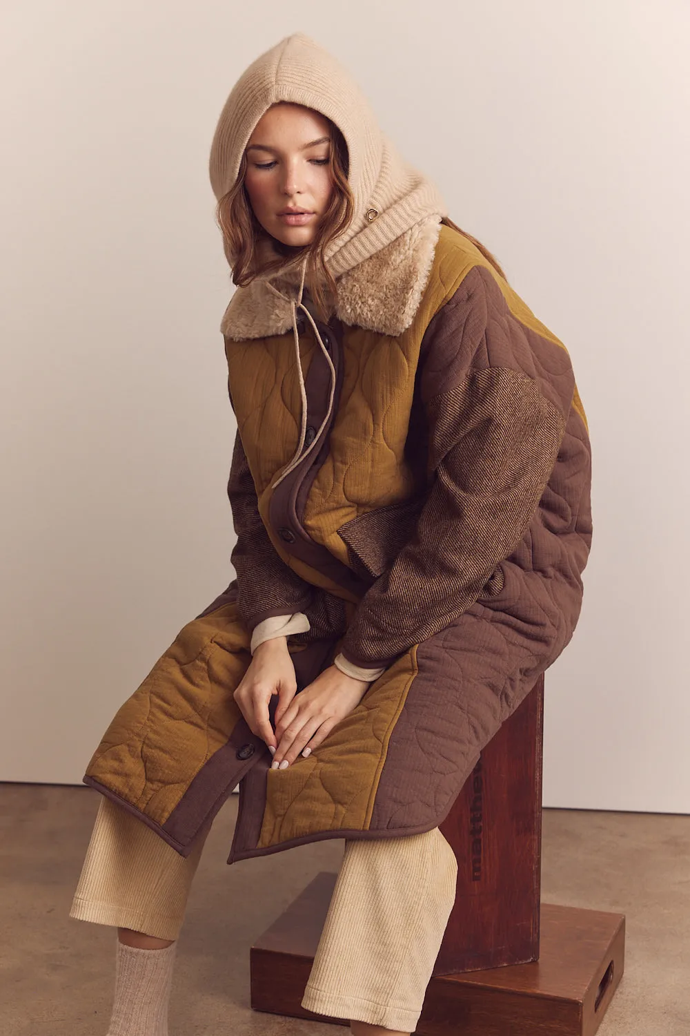 Patch quilted wool blend detachable fur collar coat