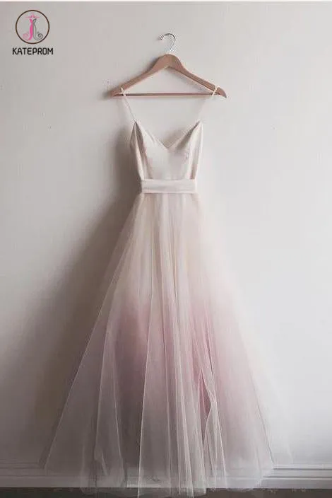 Pink Ombre Puffy Spaghetti Strap Long Prom Dresses, Chic Evening Dress with Belt KPP0833