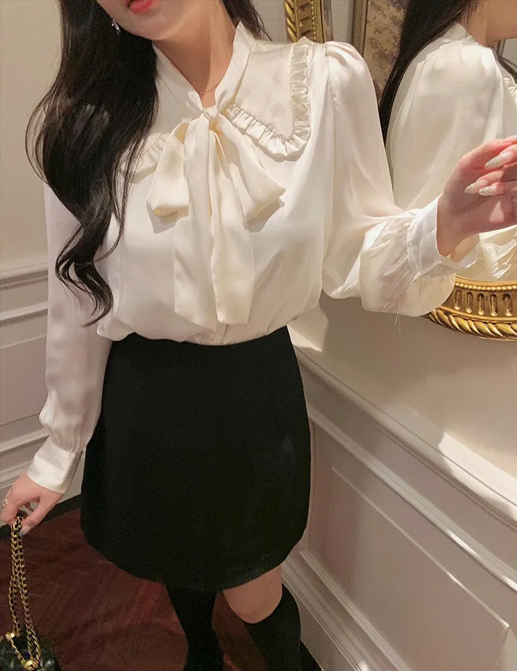 Plus Size Women Retro Elegant Formal Satin White Blouses