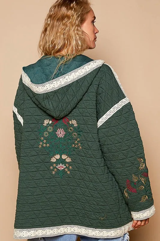 POL Clothing Embroidered Open Front Quilted Womens Jacket w/ Pockets