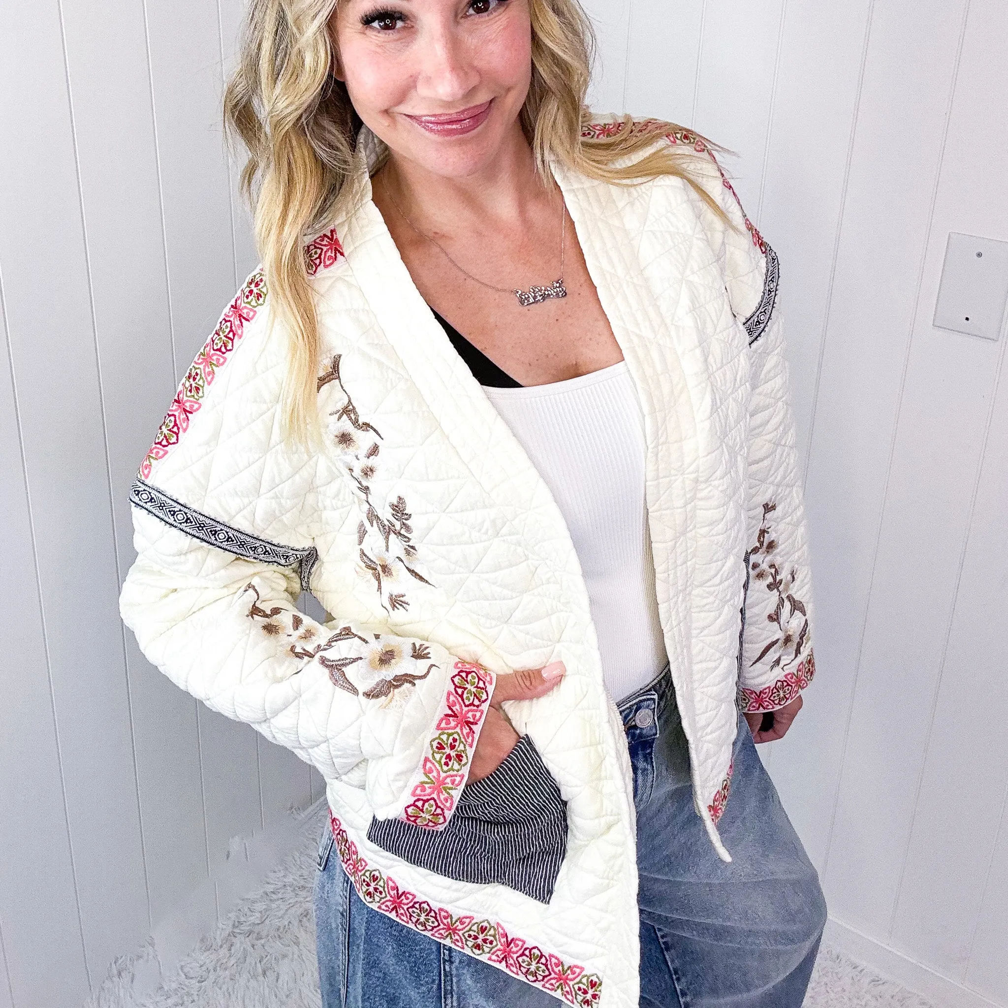 Pol Cloud Chaser Cream Quilted Open Front Embroidered Jacket
