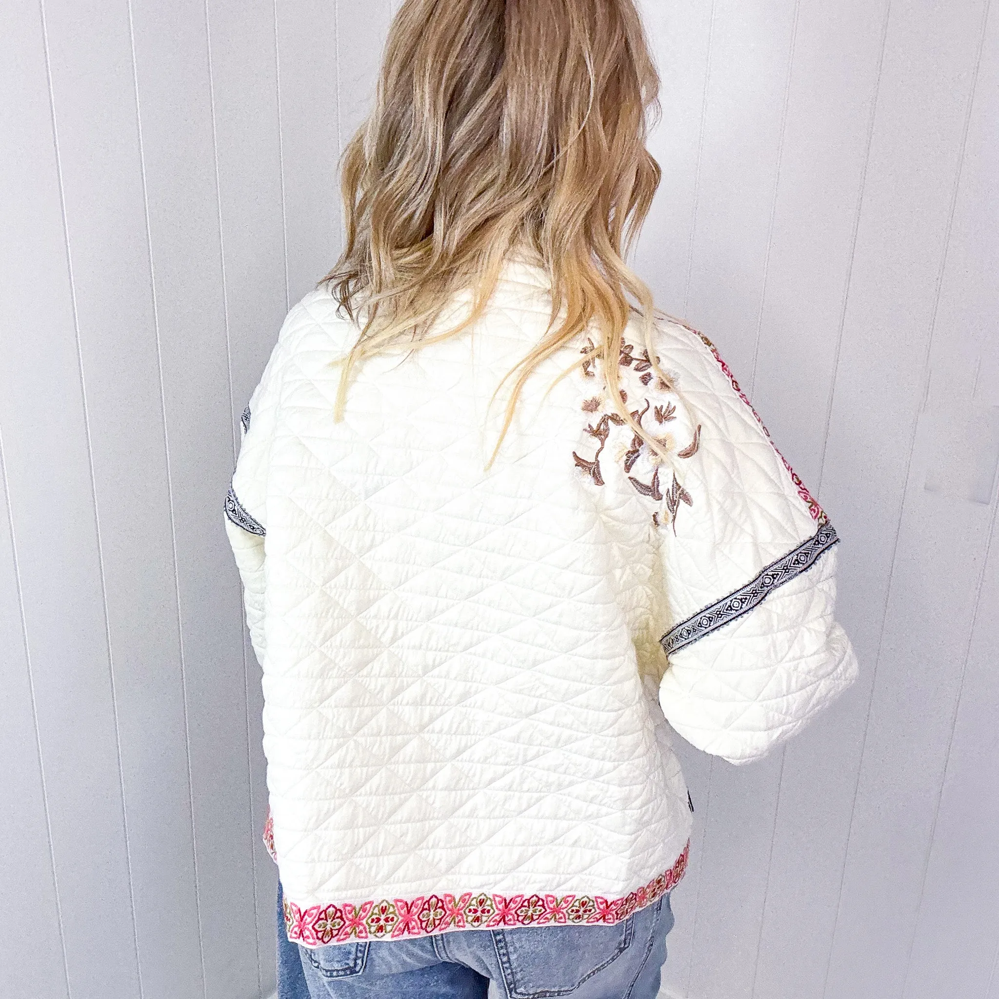 Pol Cloud Chaser Cream Quilted Open Front Embroidered Jacket