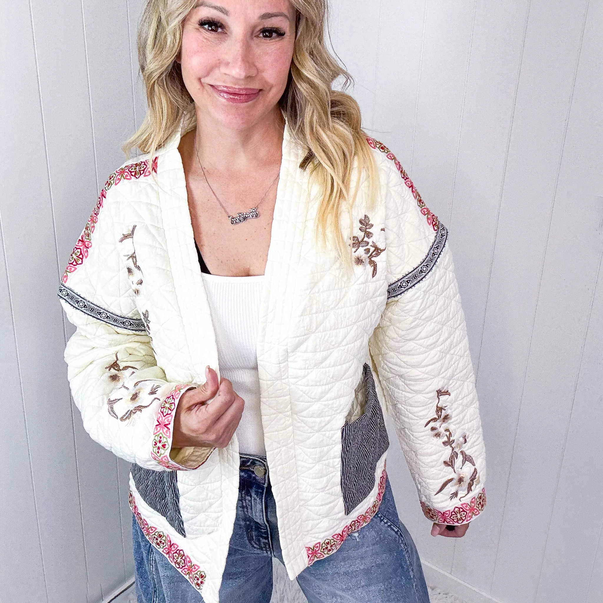 Pol Cloud Chaser Cream Quilted Open Front Embroidered Jacket