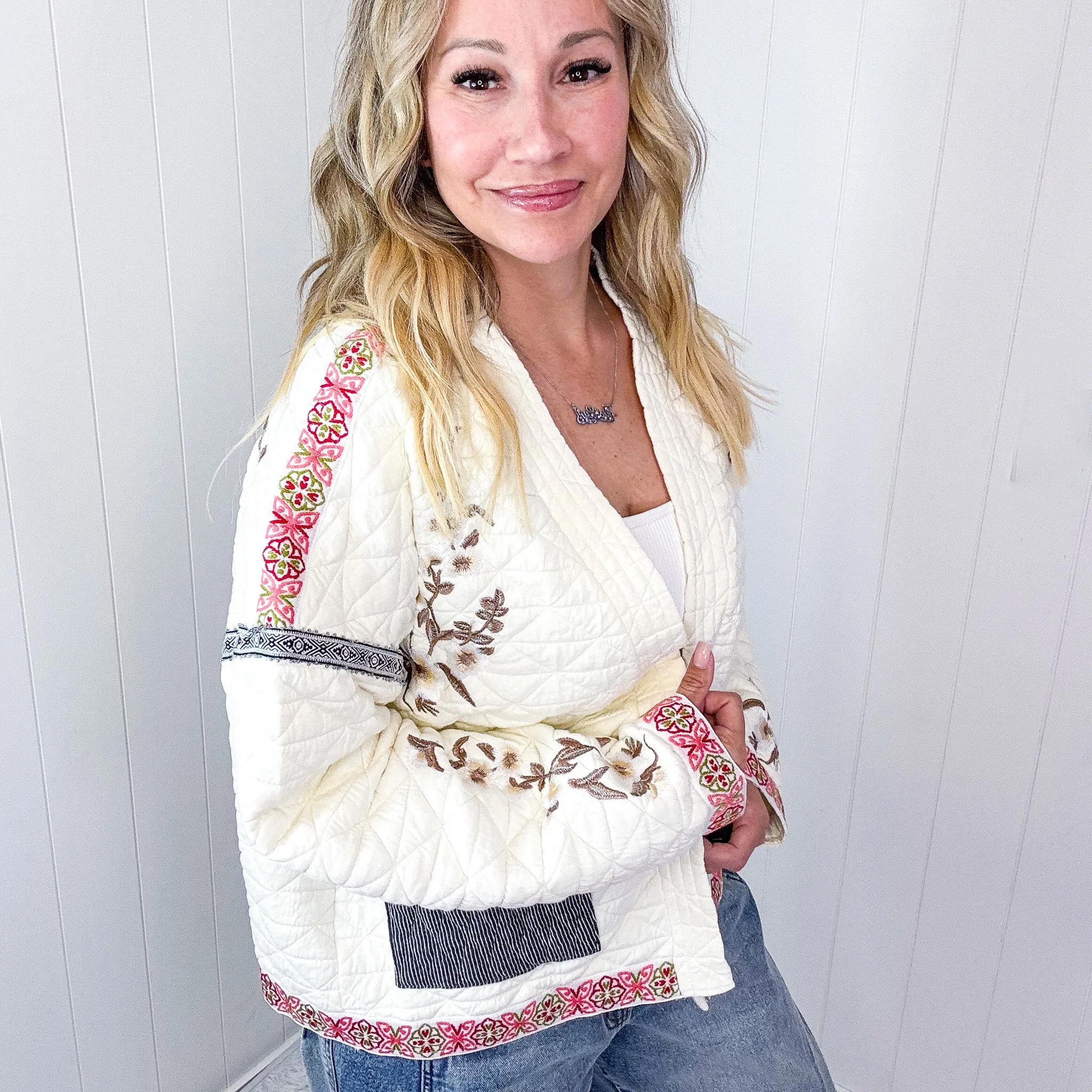 Pol Cloud Chaser Cream Quilted Open Front Embroidered Jacket