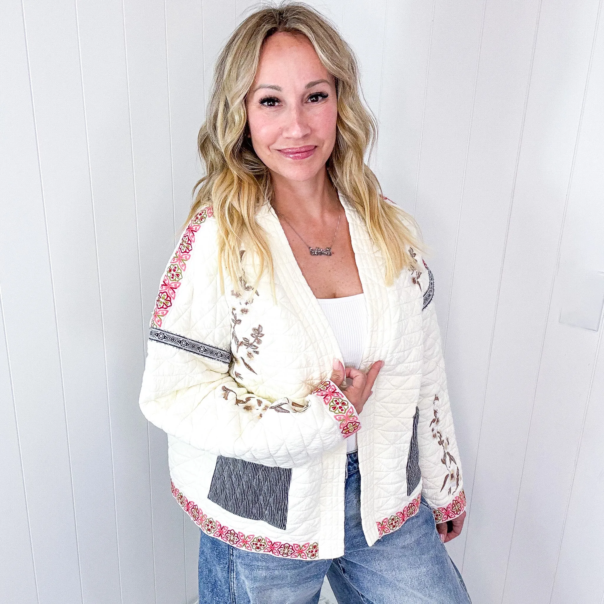 Pol Cloud Chaser Cream Quilted Open Front Embroidered Jacket