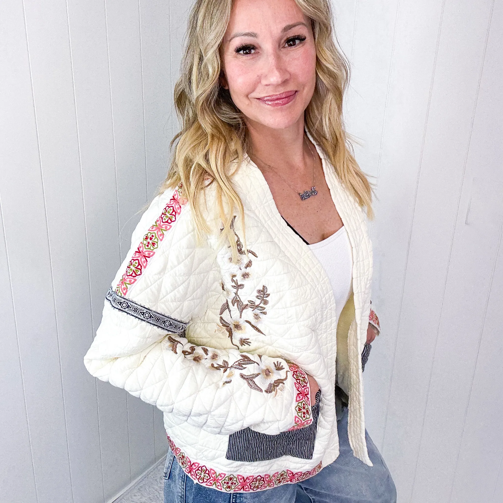 Pol Cloud Chaser Cream Quilted Open Front Embroidered Jacket