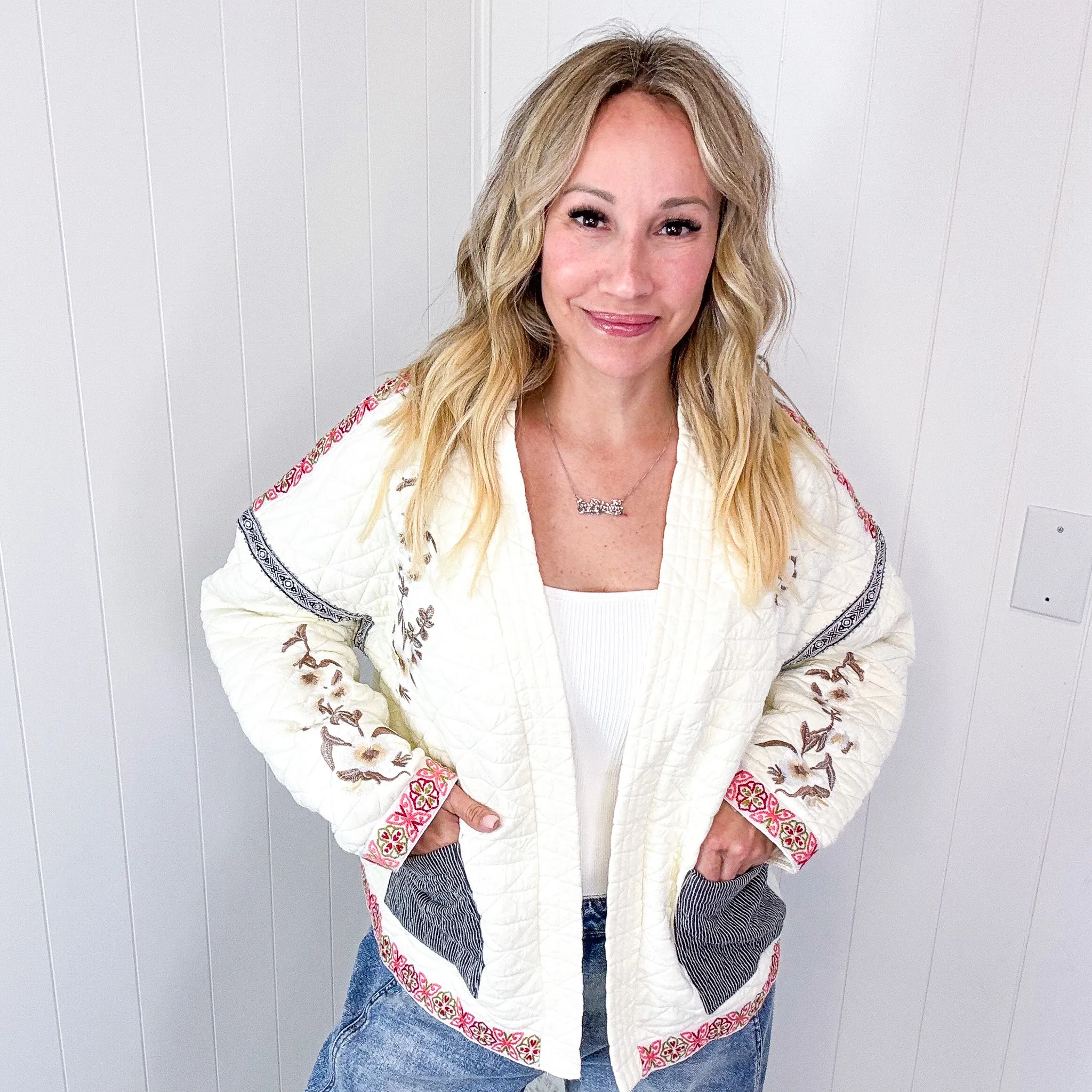 Pol Cloud Chaser Cream Quilted Open Front Embroidered Jacket