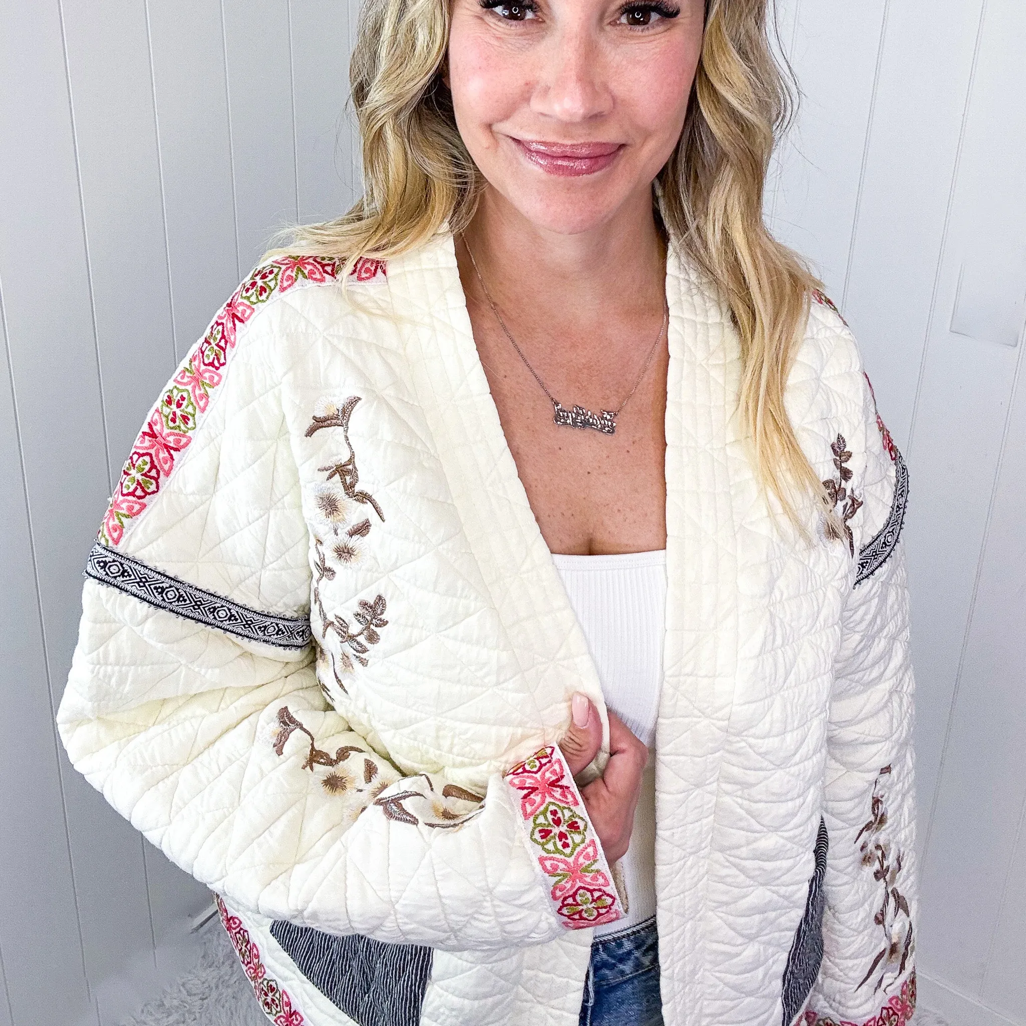Pol Cloud Chaser Cream Quilted Open Front Embroidered Jacket