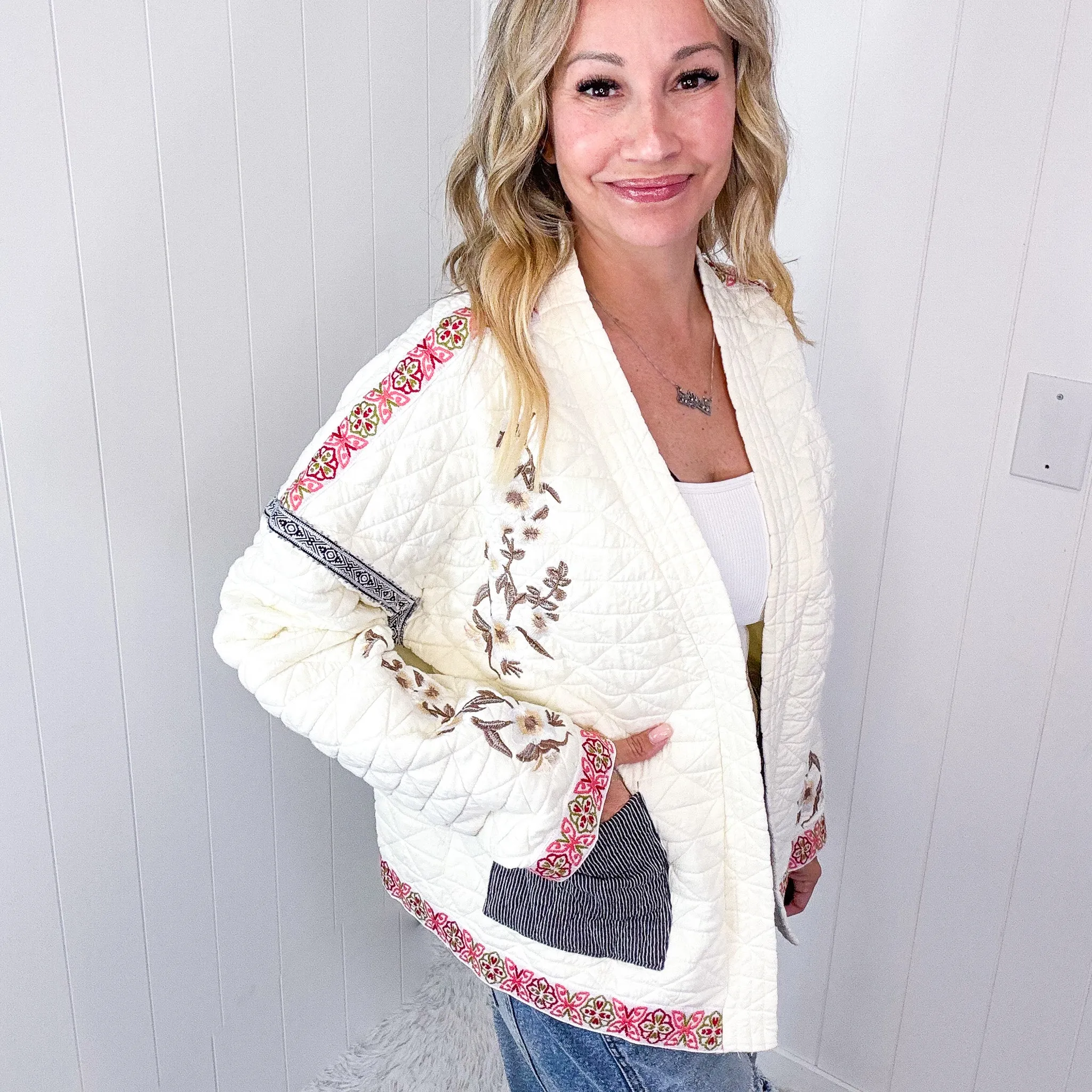 Pol Cloud Chaser Cream Quilted Open Front Embroidered Jacket