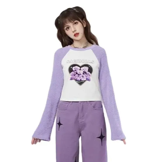 Purple Knitted Splicing Print Harajuku Sweatshirt